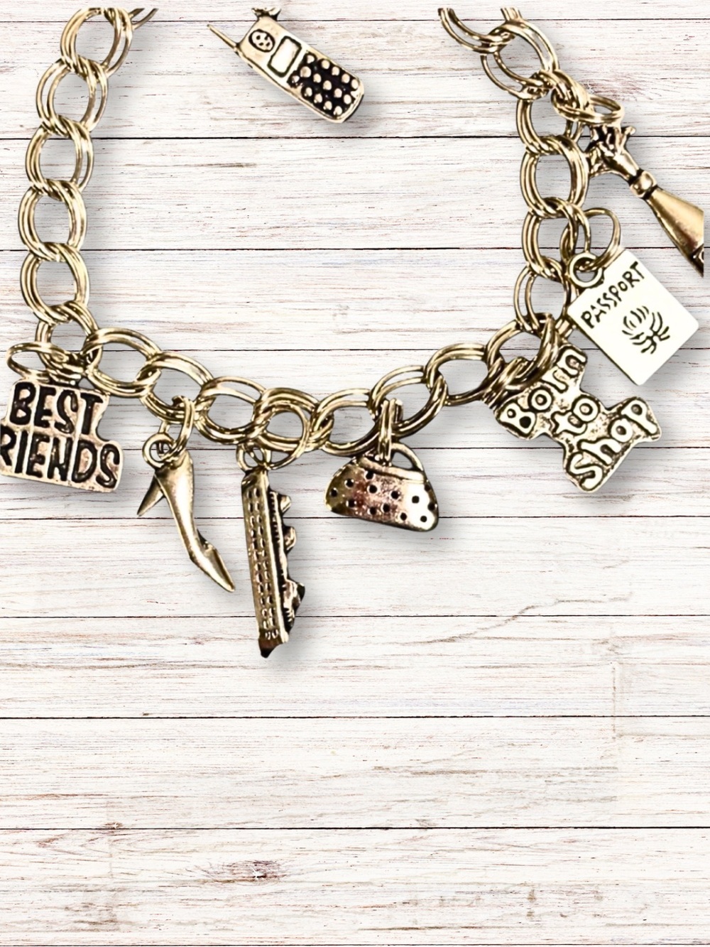 SILVER CHARM BRACELET Retro Best Friends Shopping Travel Charms Vintage Inspired